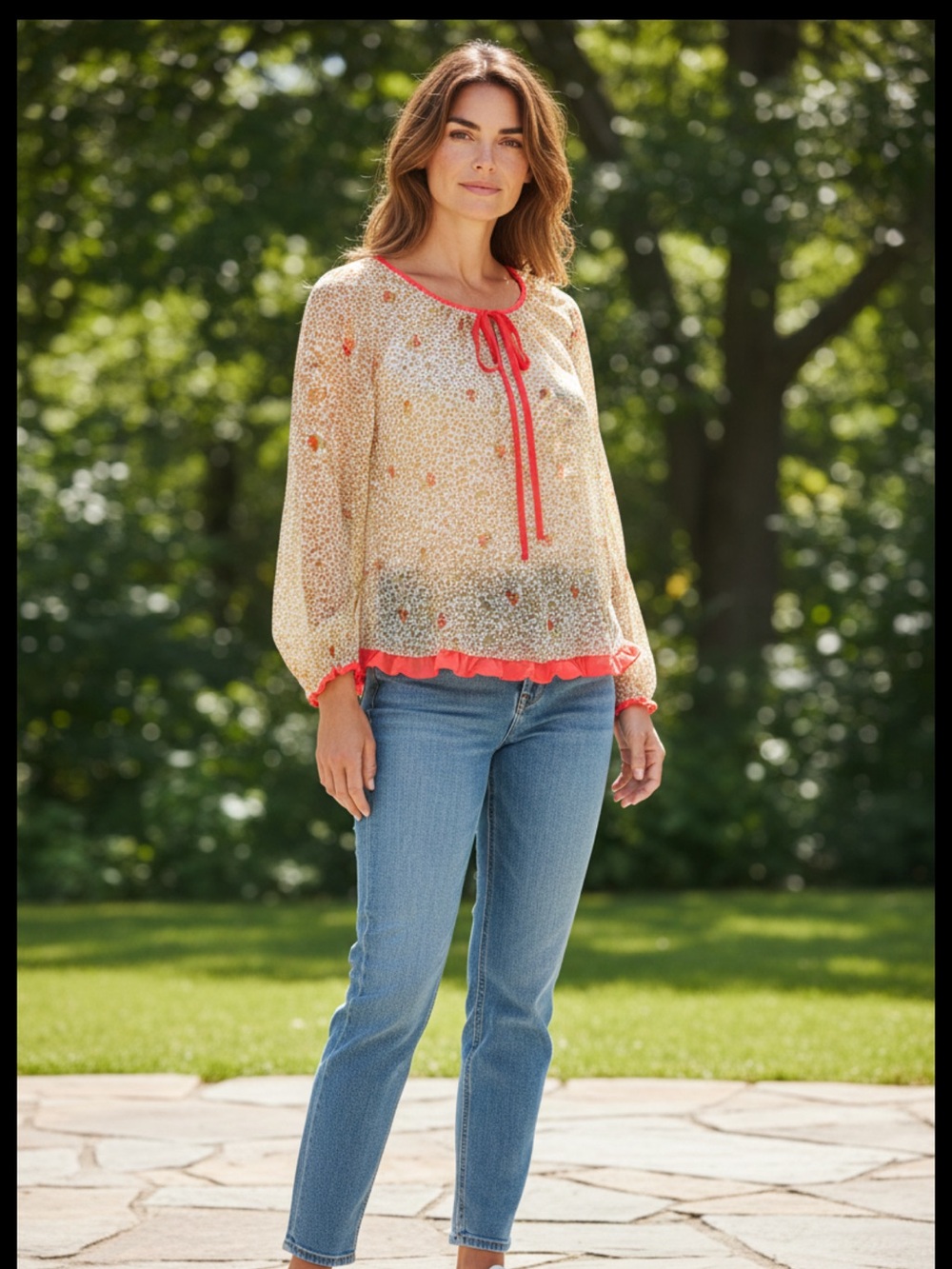 👗Patterson J. Kincaid Gold Dot Floral Blouse with Coral Ties
